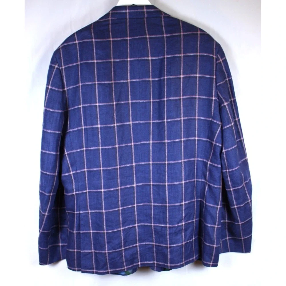 Tallia Mens Sport Coat Blue Linen Size 46R Two-Button Closure Windowpane Jacket